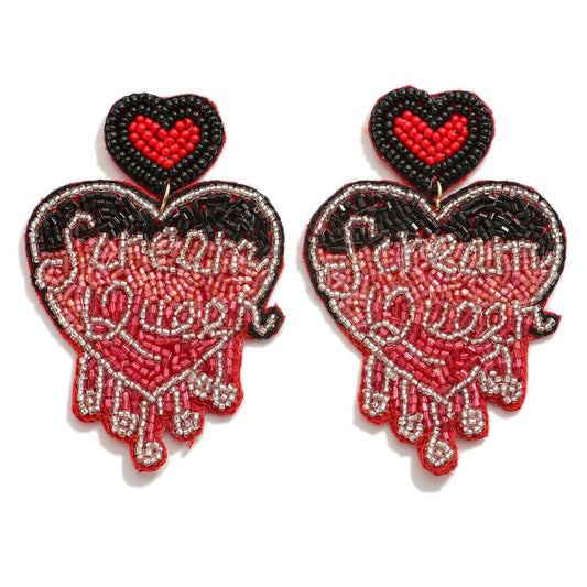 Seed-Beaded "Scream Queen" Heart-Shaped Earrings